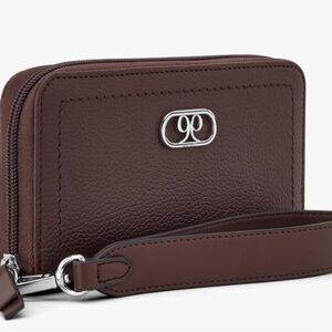 Brown Leather Wristlet with Silver Logo